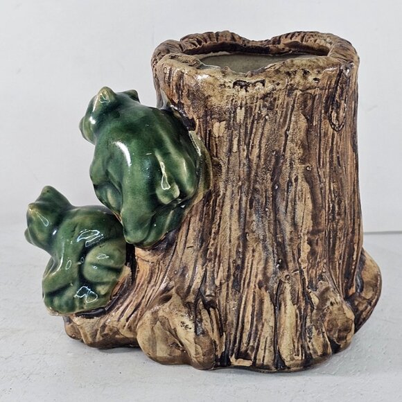 Vintage Majolica Style Bear Tree Trunk Planter Vase Green Brown Glaze - Picture 6 of 9